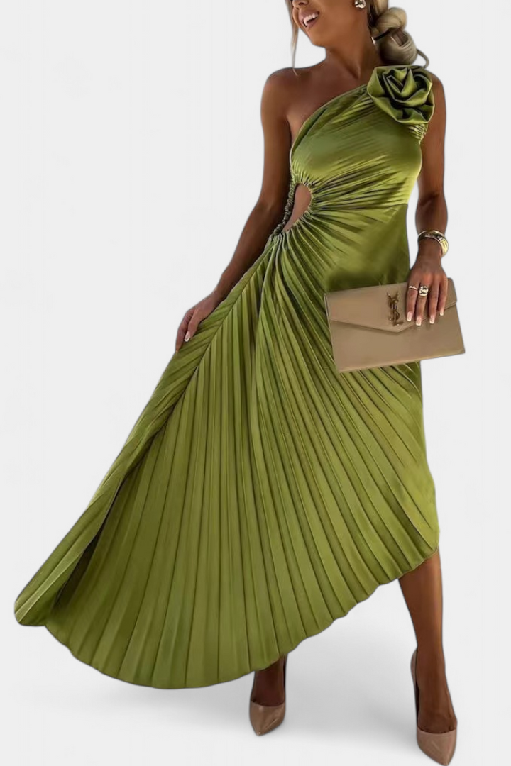 Leire Vestido de Cóctel Asimétrico con Aplique Floral y Falda Plisada