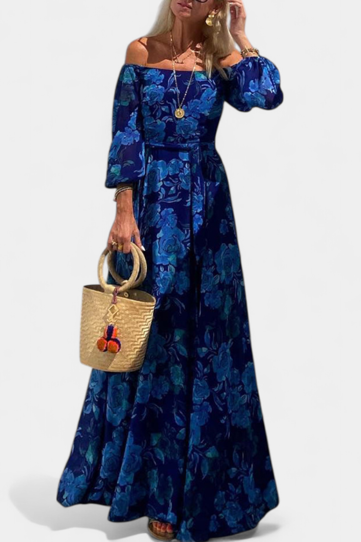 Davina Vestido Largo Off-Shoulder con Estampado Floral Romántico