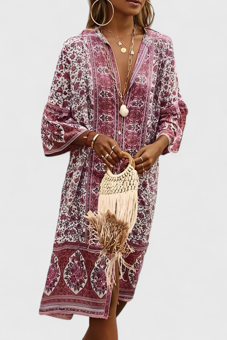 Chinara Vestido Largo Boho con Bordado Étnico y Silueta Relajada