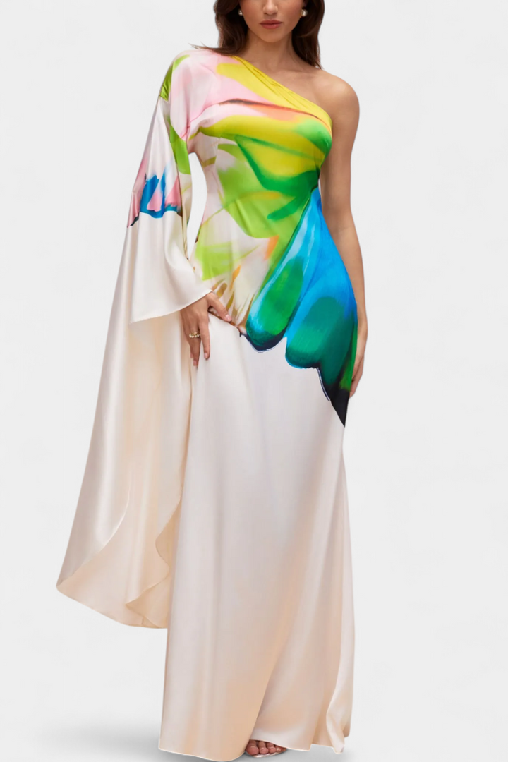 Beryl Vestido Largo Asimétrico de Una Sola Manga con Estampado Moderno