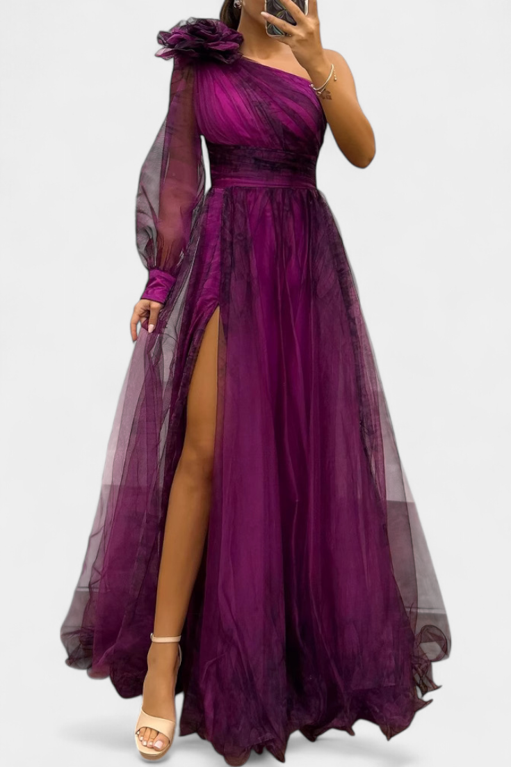 Becca Vestido Maxi de Chiffón con Hombro Descubierto y Flor Voluminosa