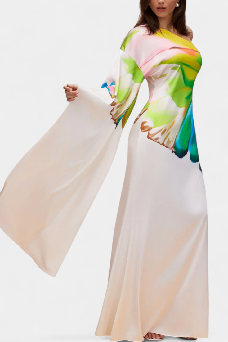 Beryl Vestido Largo Asimétrico de Una Sola Manga con Estampado Moderno